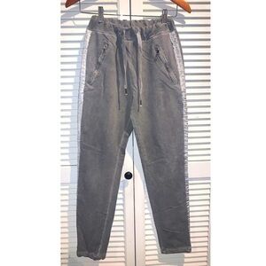 Italian made women’s joggers faded gray with shiny ribbon side stripes Small